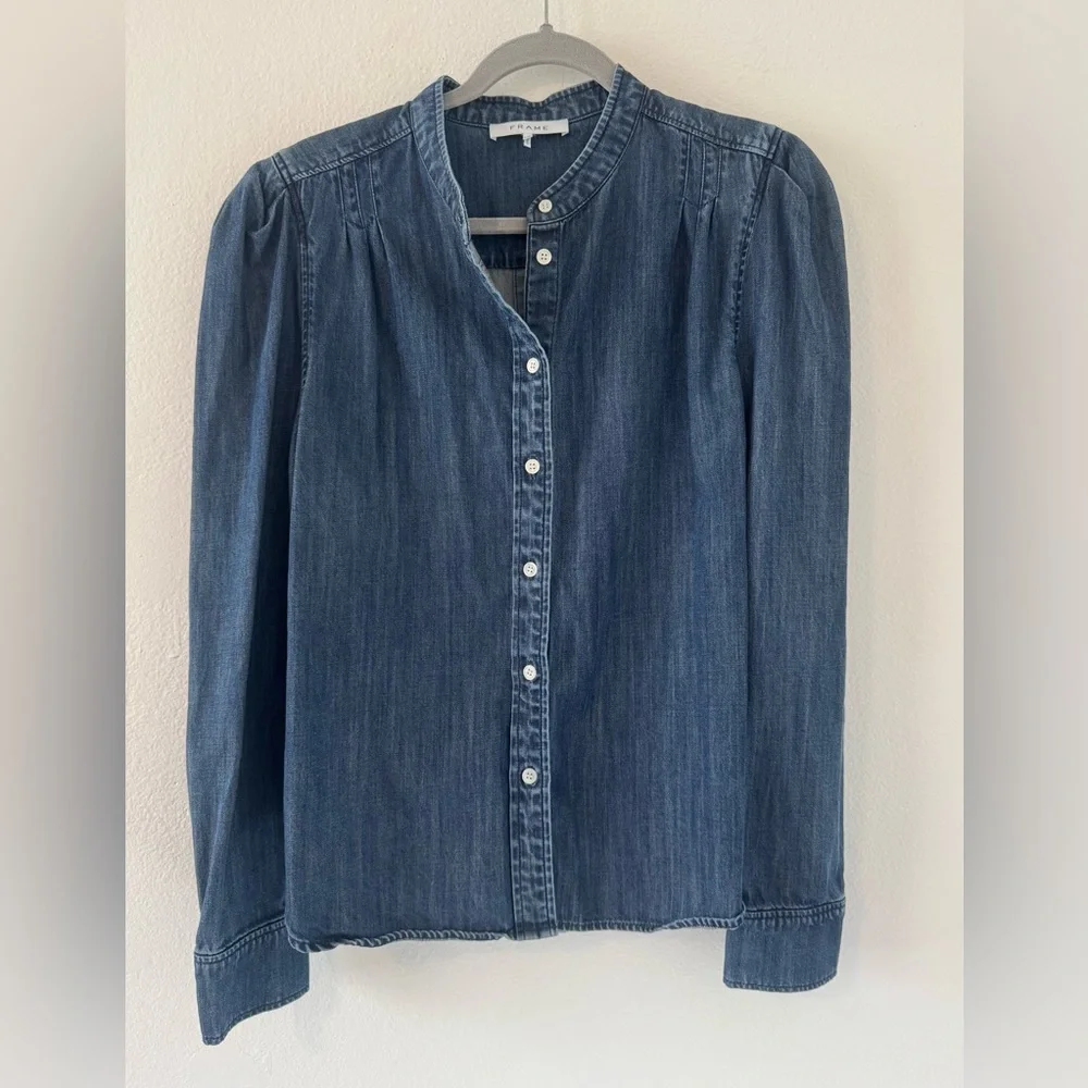 Revolve Frame Charlie Button Up Denim Top Pleated Puff Sleeves Western Sz Large - Picture 1 of 9